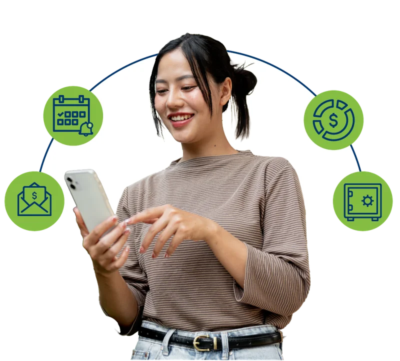 Resident paying on a phone, ringed by icons for reminders, receipts, payment history and secure storage.