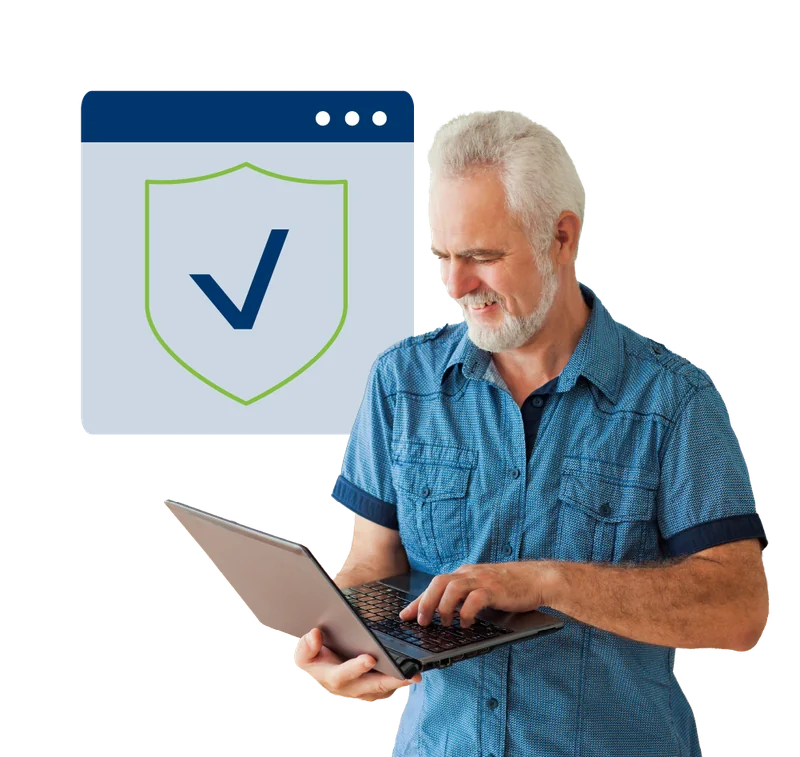 Resident paying on a laptop beside a browser window showing a shield with a check mark.